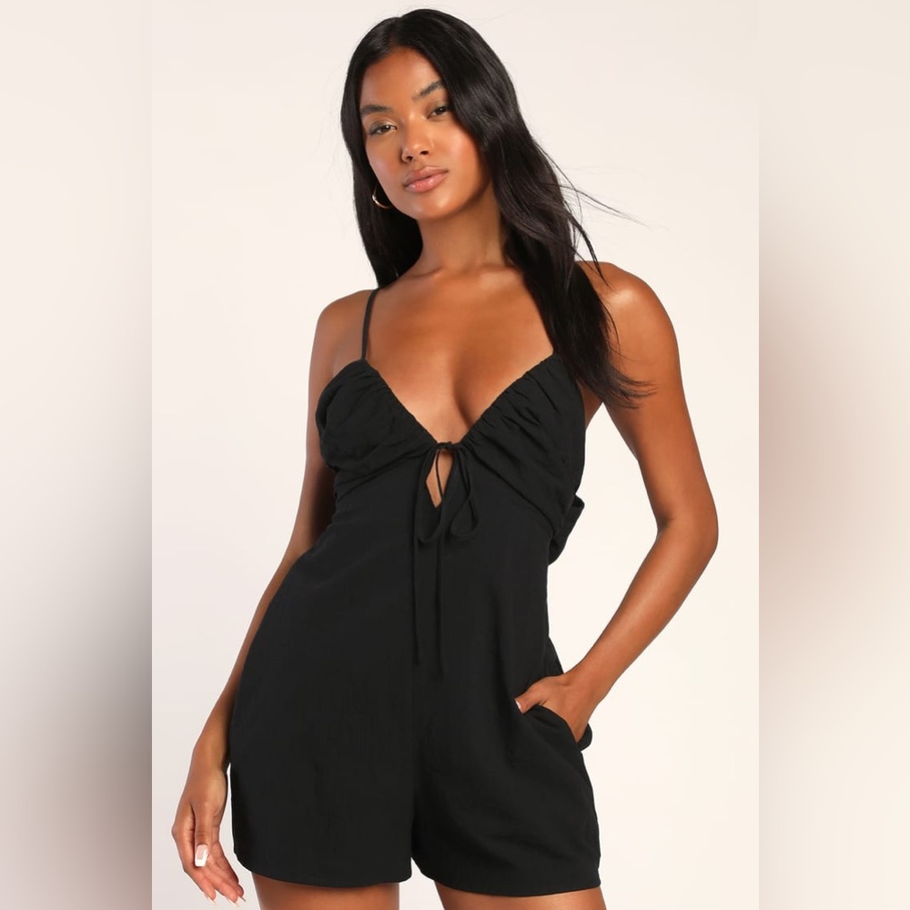 Lulus Soaking Up the Summertime Black Tie-Back Skort Romper